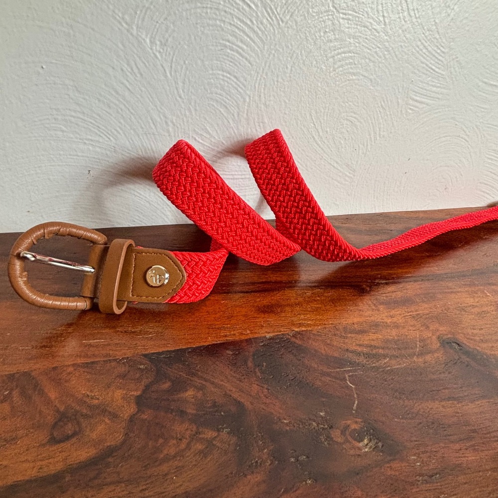 Nine West Womens Red Braided Elastic Stretch Belt Brown Leather Trim Gold Logo